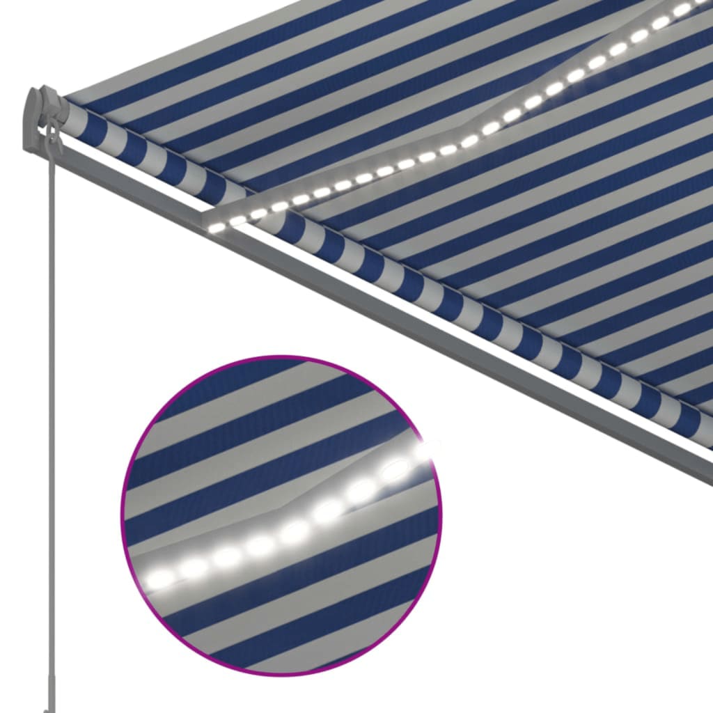 Automatisk markise med LED og vindsensor 350x250 cm blå og hvit