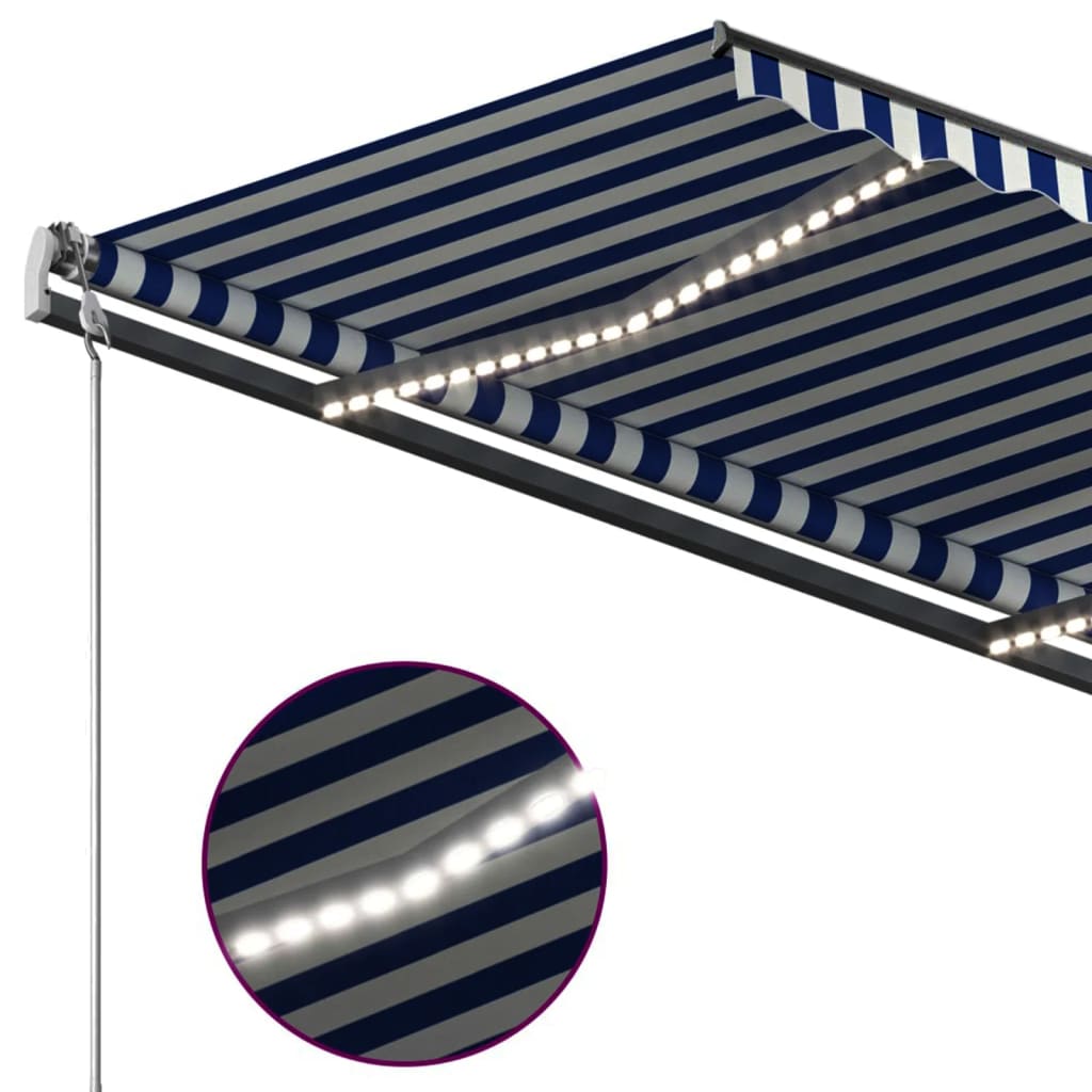 Automatisk markise med LED og vindsensor 3x2,5 cm blå og hvit