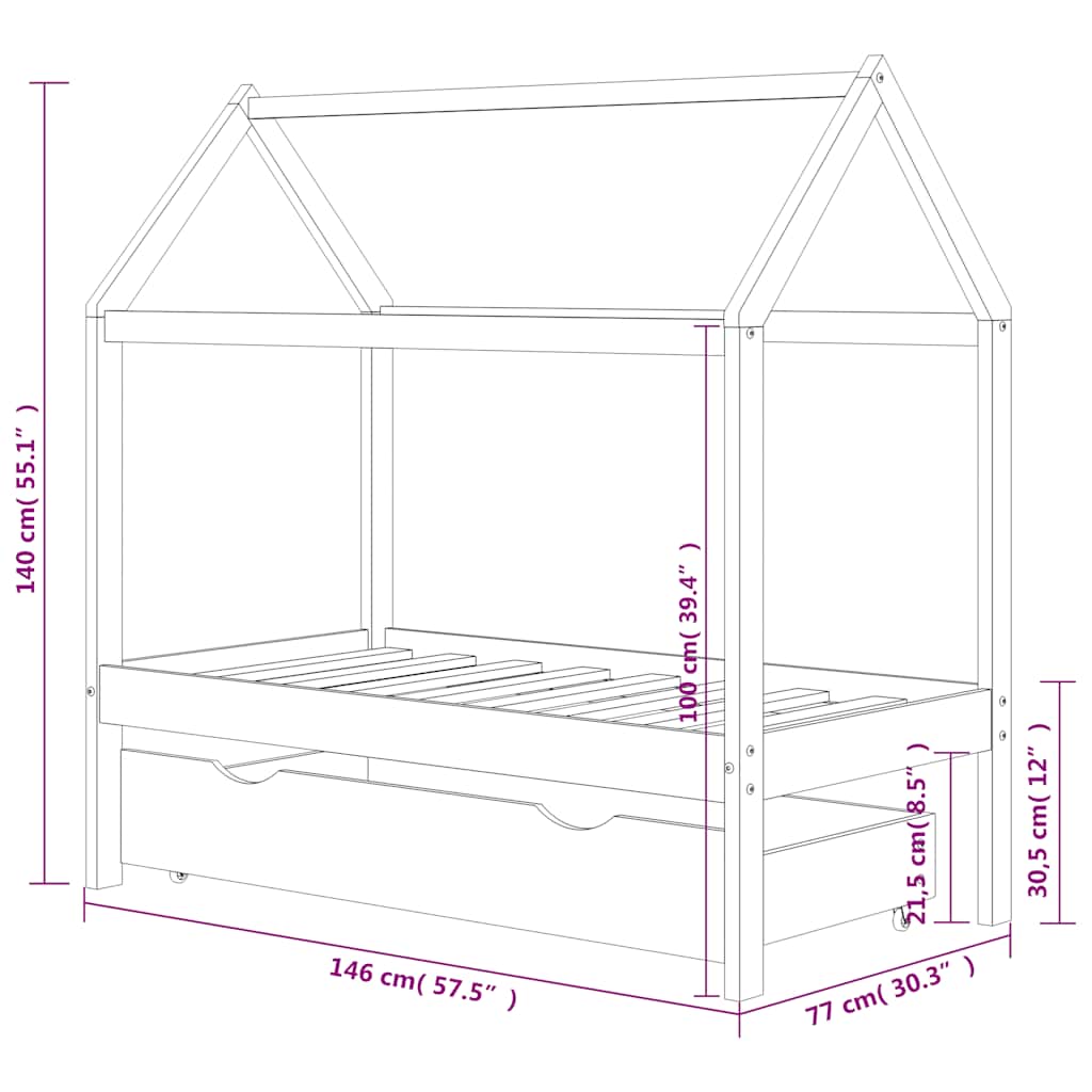 Ramme for barneseng med skuff heltre furu 70x140 cm