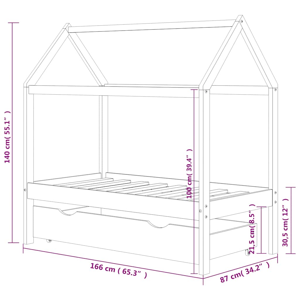 Ramme for barneseng med skuff heltre furu 80x160 cm