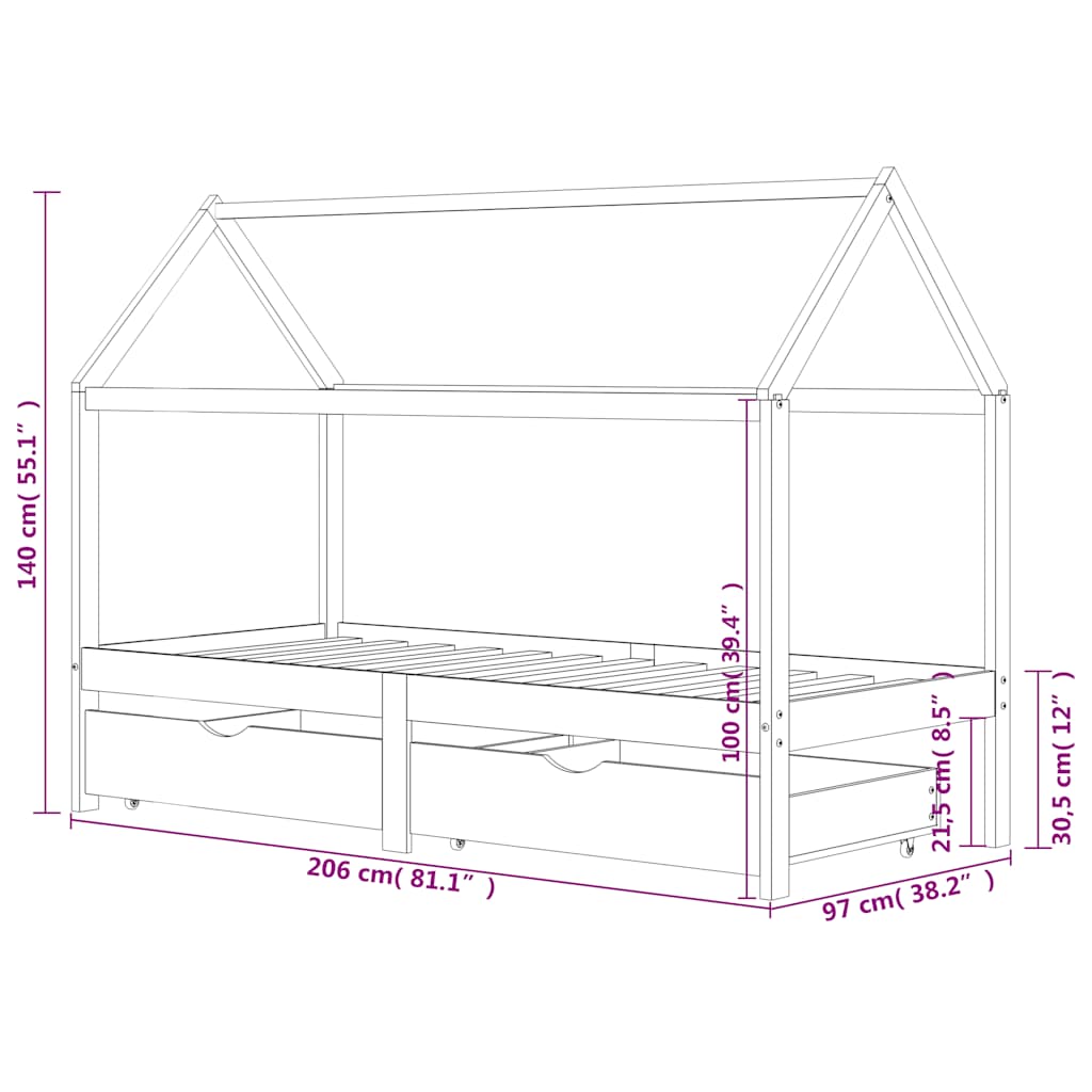Sengeramme for barn med skuffer heltre furu 90x200 cm