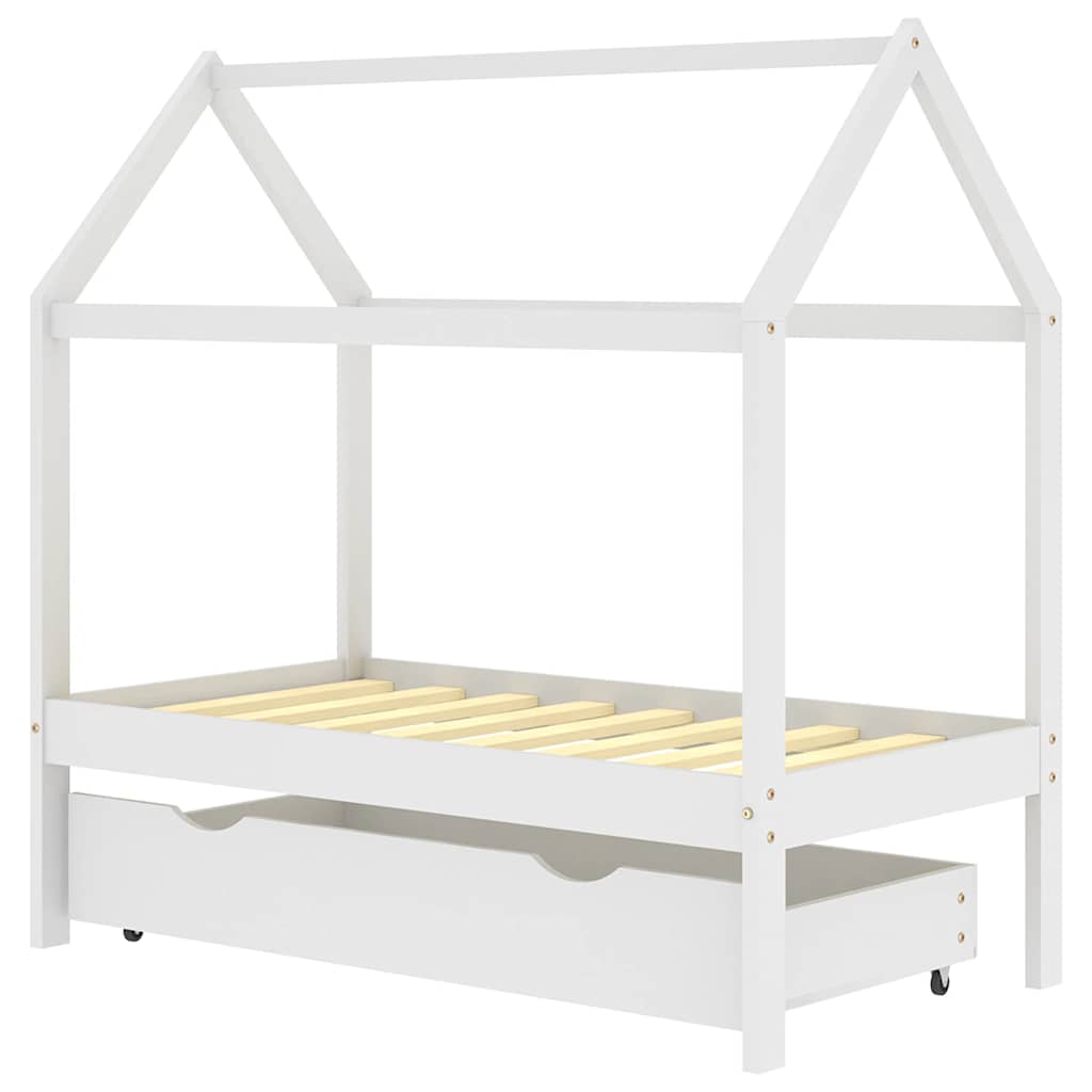 Ramme for barneseng med skuff hvit heltre furu 70x140 cm