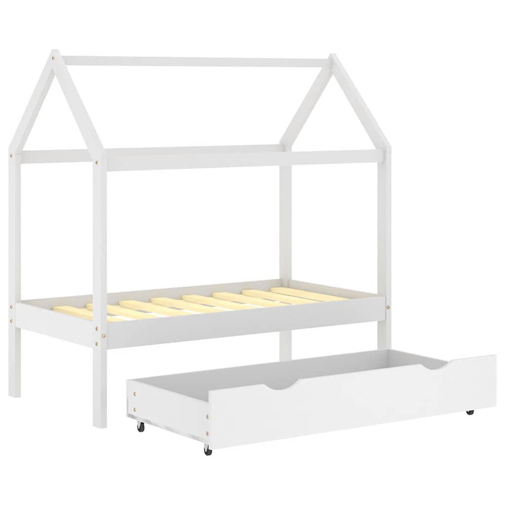 Ramme for barneseng med skuff hvit heltre furu 70x140 cm