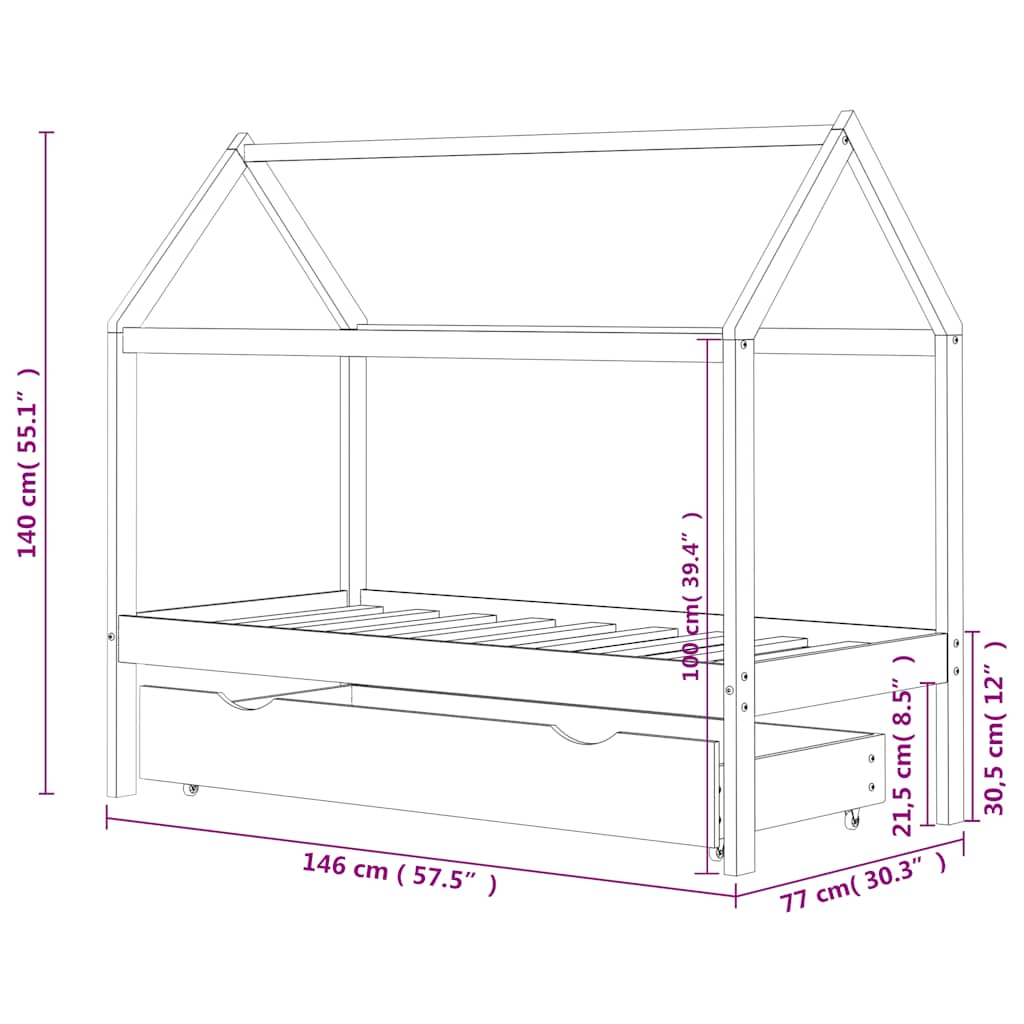 Ramme for barneseng med skuff hvit heltre furu 70x140 cm
