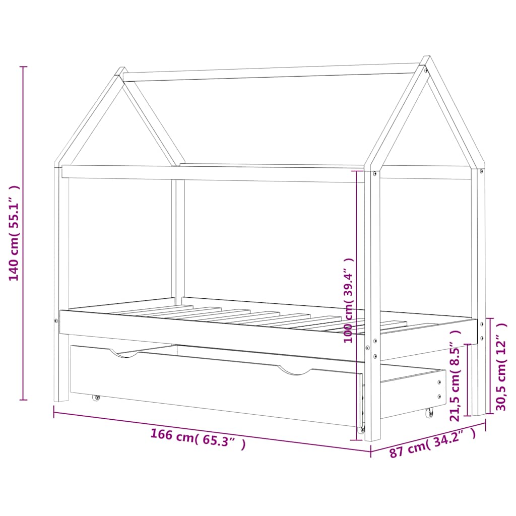 Ramme for barneseng med skuff heltre furu hvit 80x160 cm