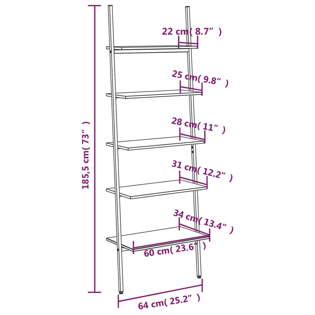 Ladder shelves 5 tiers black 64x34x185.5 cm