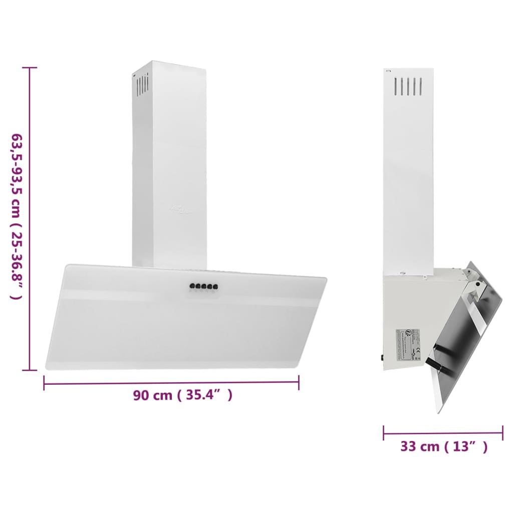 Wall-mounted kitchen hood 90 cm steel and tempered glass white