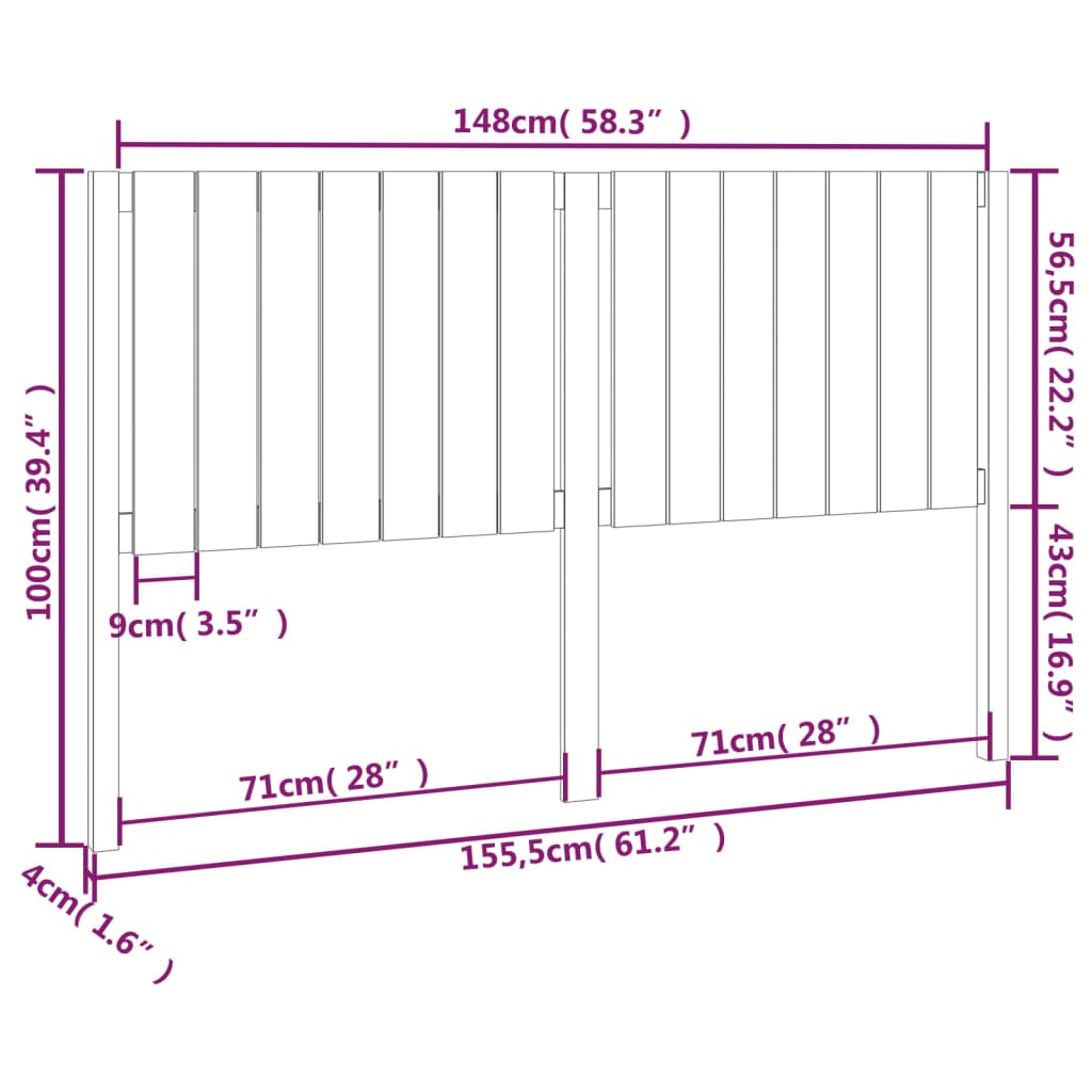 Sengegavl hvit 155,5x4x100 cm heltre furu