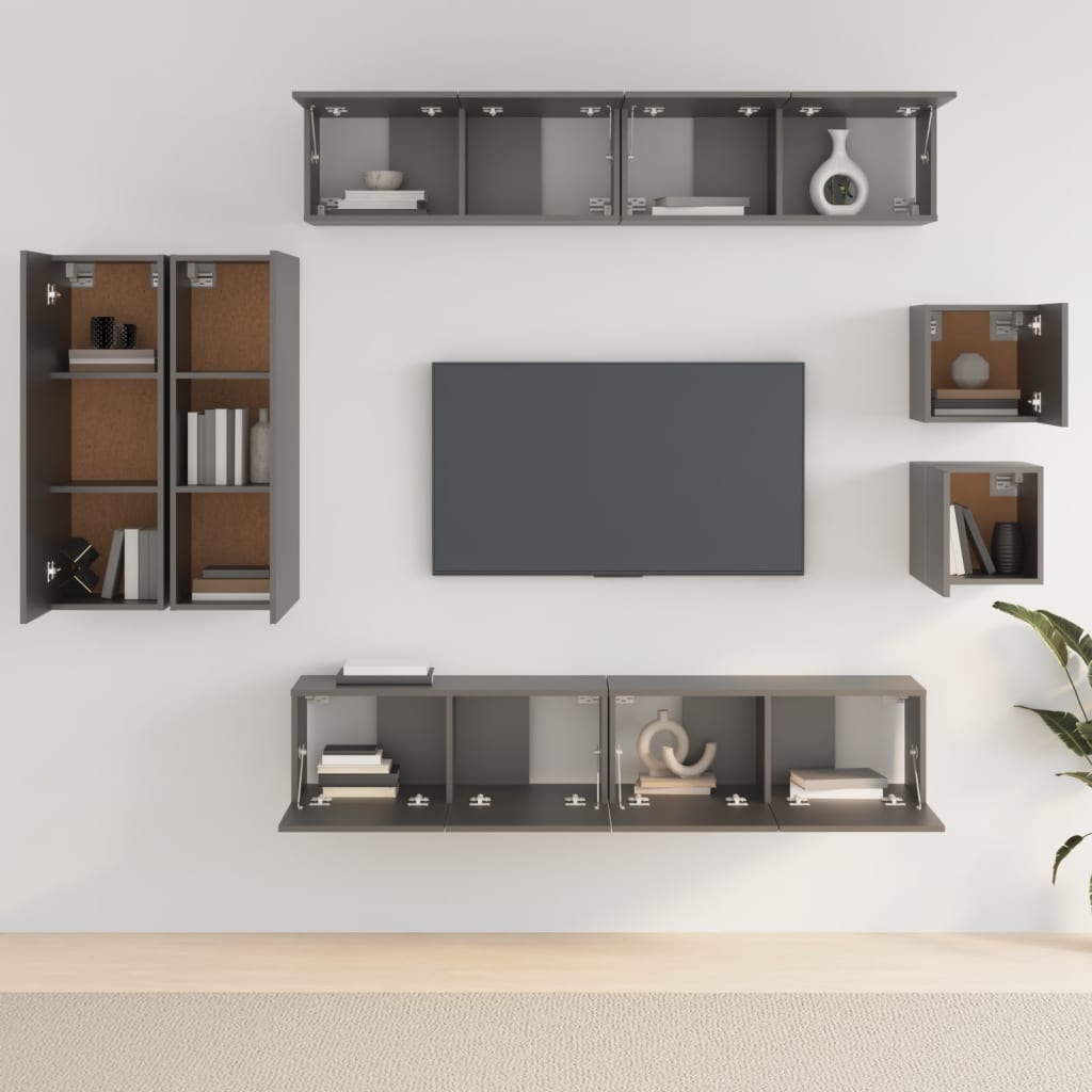 TV cabinet set 8 pieces black engineered wood