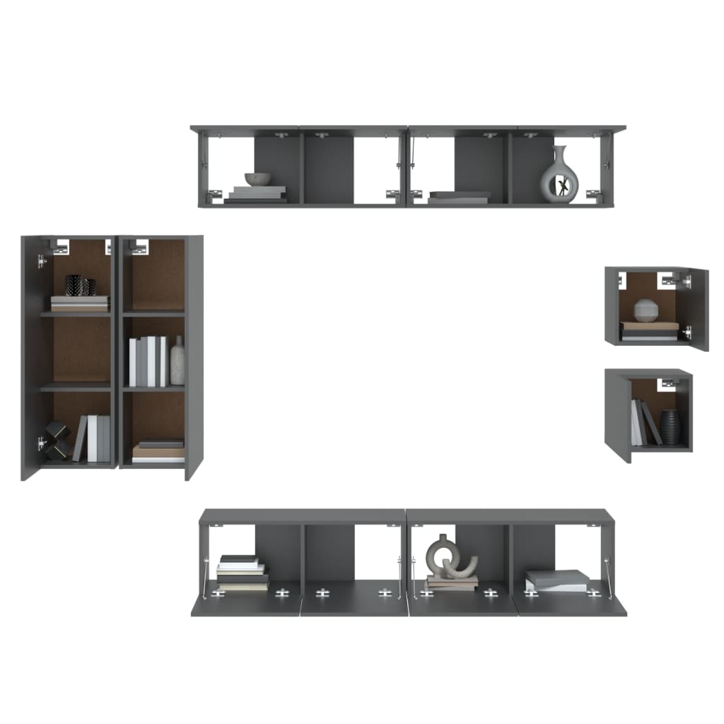 TV cabinet set 8 pieces black engineered wood