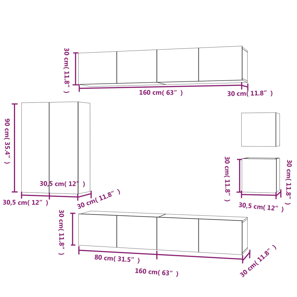 TV cabinet set 8 pieces black engineered wood