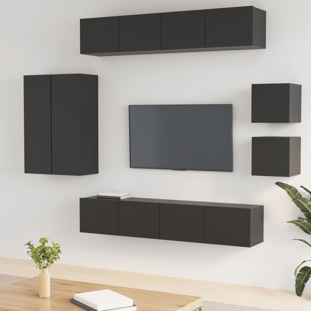 TV cabinet set 8 pieces black engineered wood