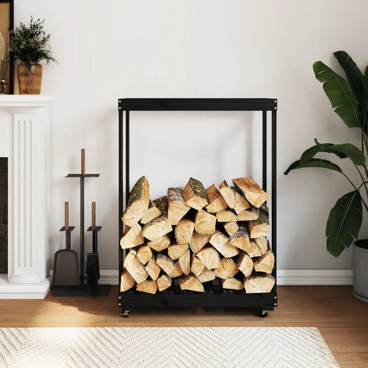 Firewood rack with wheels black 76.5x40x108 cm solid pine wood