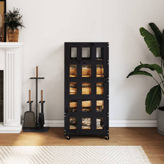 Firewood rack with wheels black 40x49x110 cm solid pine wood