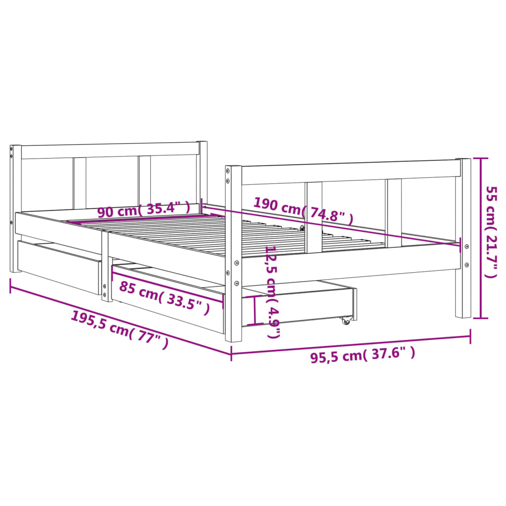 Barnesengeramme med skuffer svart 90x190 cm heltre furu