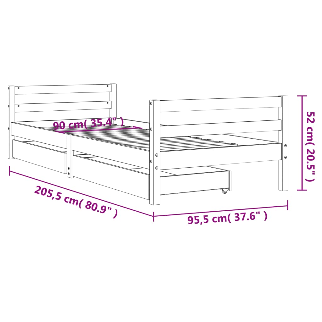 Barnesengeramme med skuffer svart 90x200 cm heltre furu