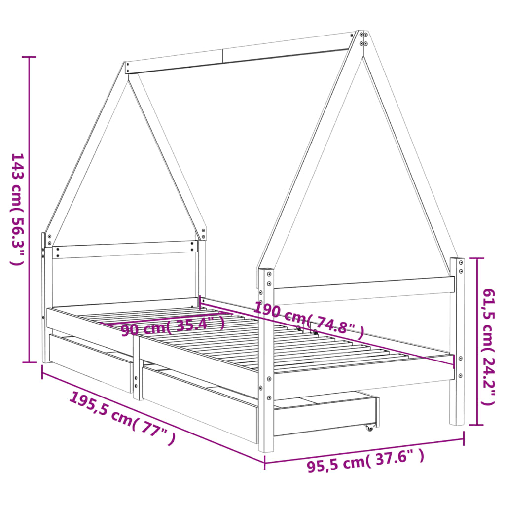 Barnesengeramme med skuffer svart 90x190 cm heltre furu