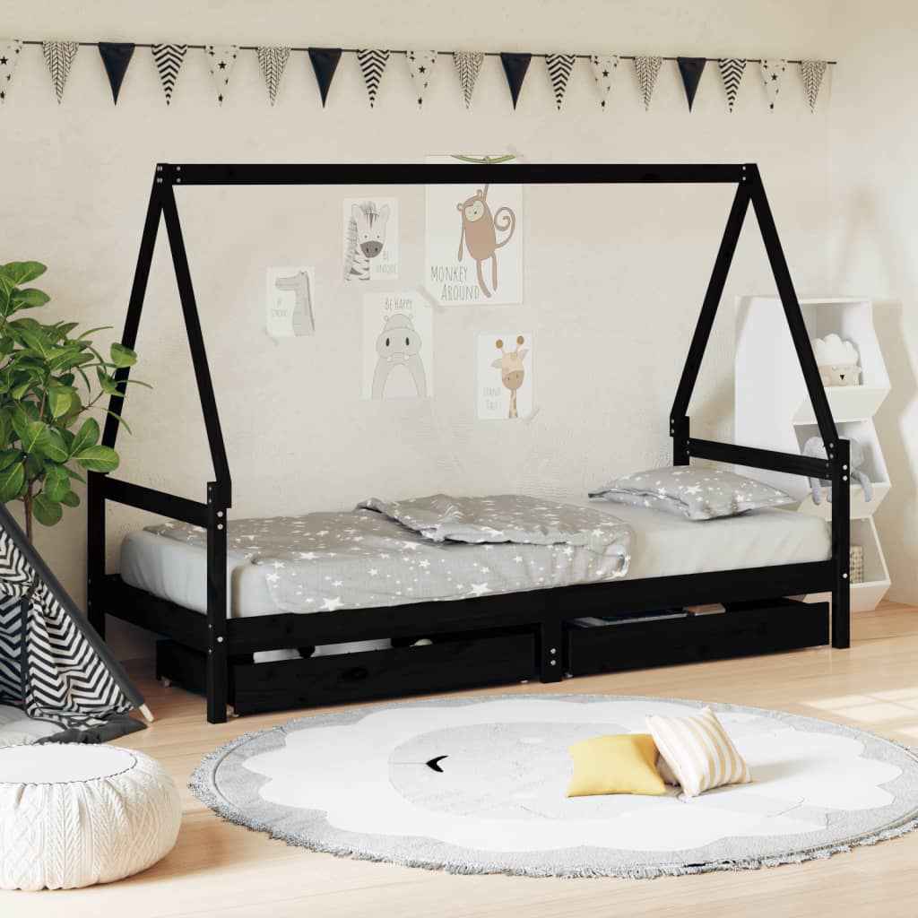 Barnesengeramme med skuffer svart 90x190 cm heltre furu