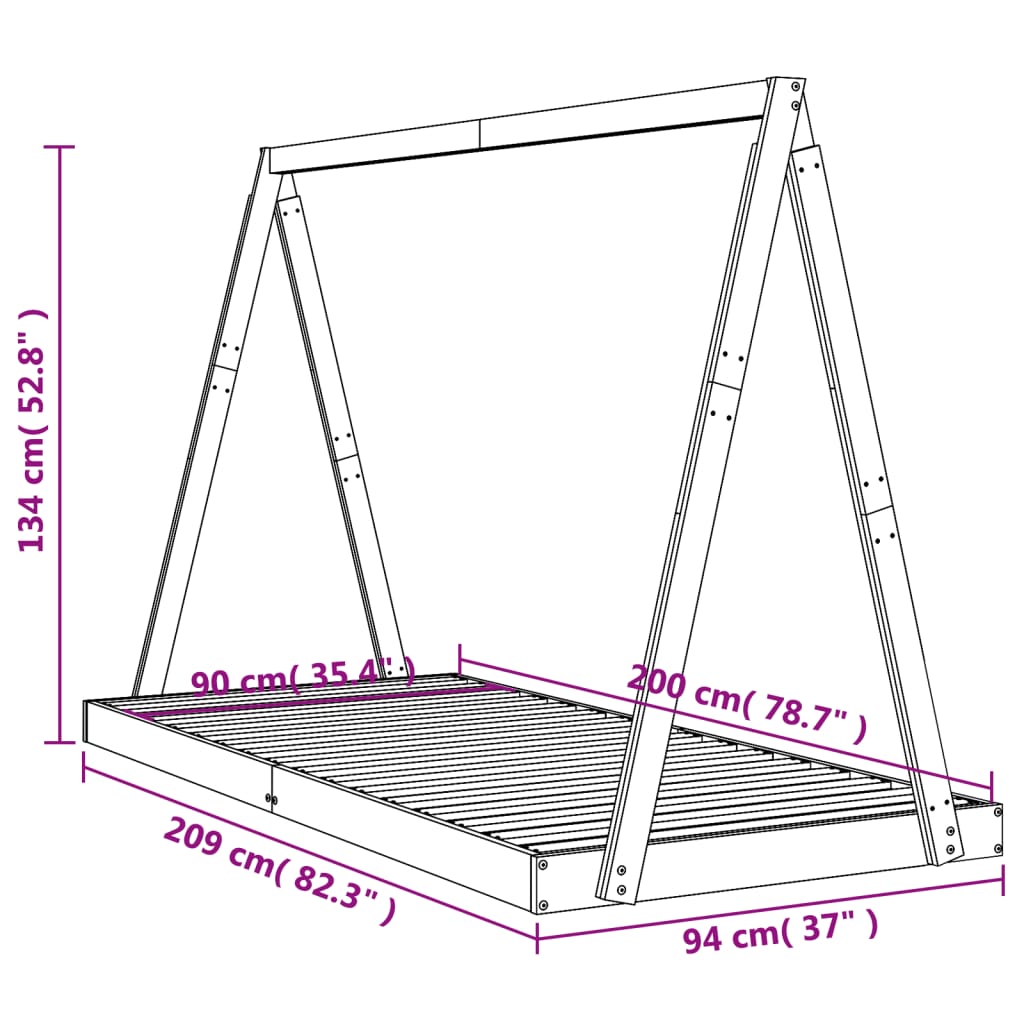 Barnesengeramme svart 90x200 cm heltre furu