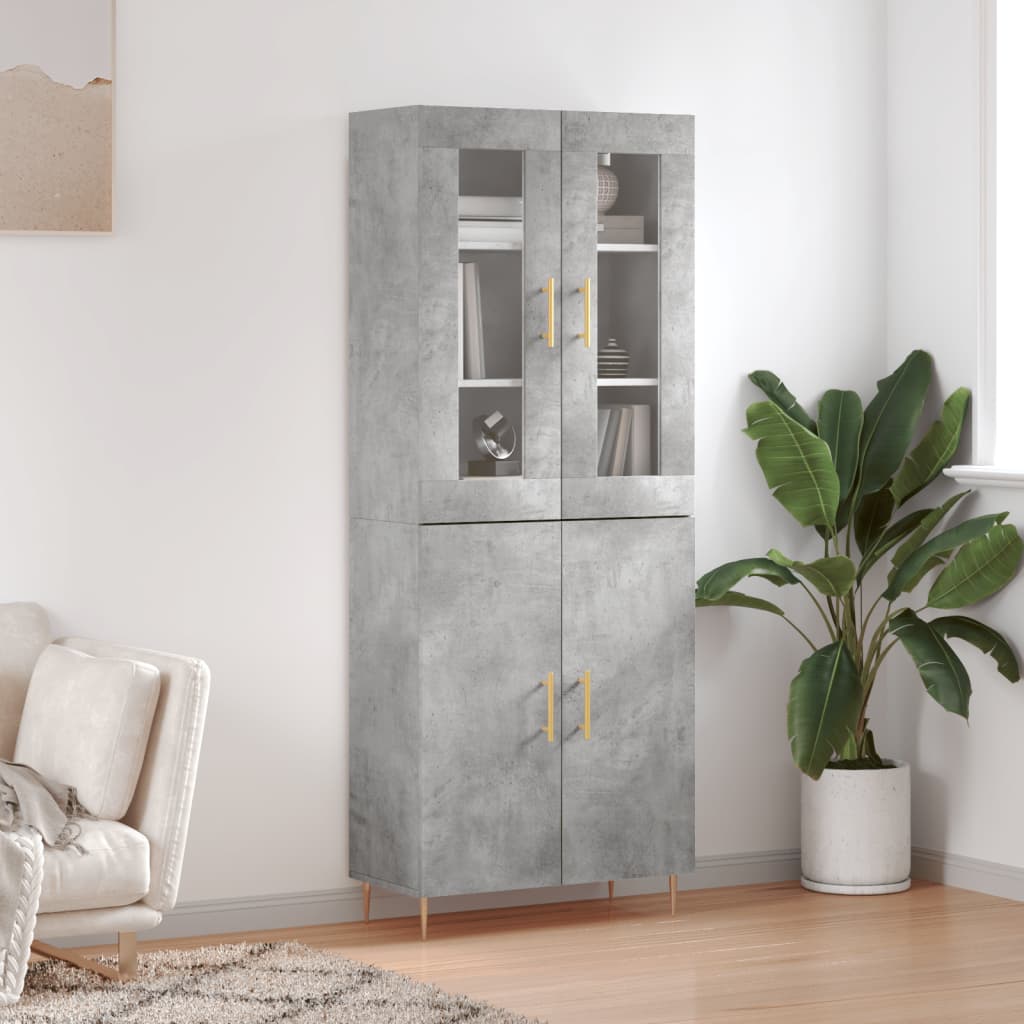 Highboard betonggrå 69,5x34x180 cm konstruert tre
