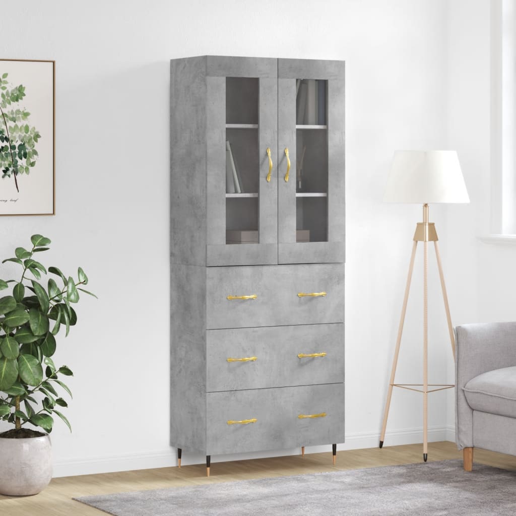 Highboard betonggrå 69,5x34x180 cm konstruert tre