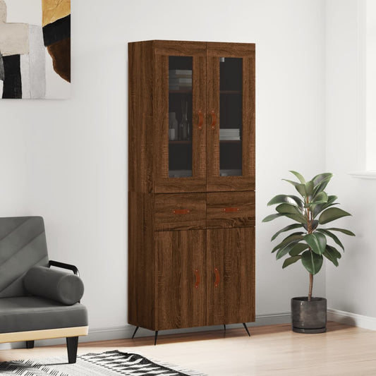Highboard brun eik 69,5x34x180 cm konstruert tre
