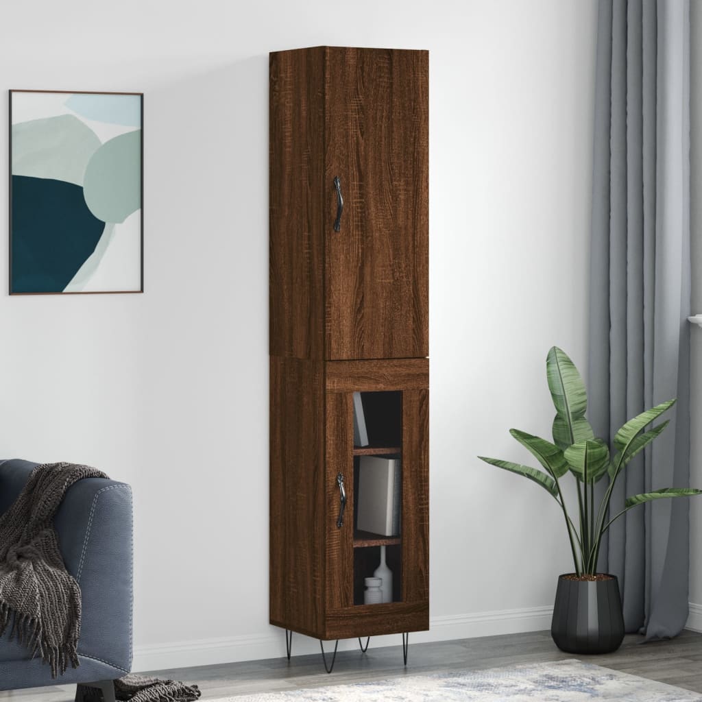 Highboard brun eik 34,5x34x180 cm konstruert tre