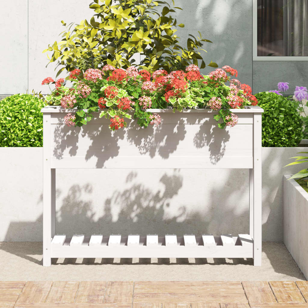 Plantekasse med hylle hvit 111,5x34,5x81 cm heltre furu