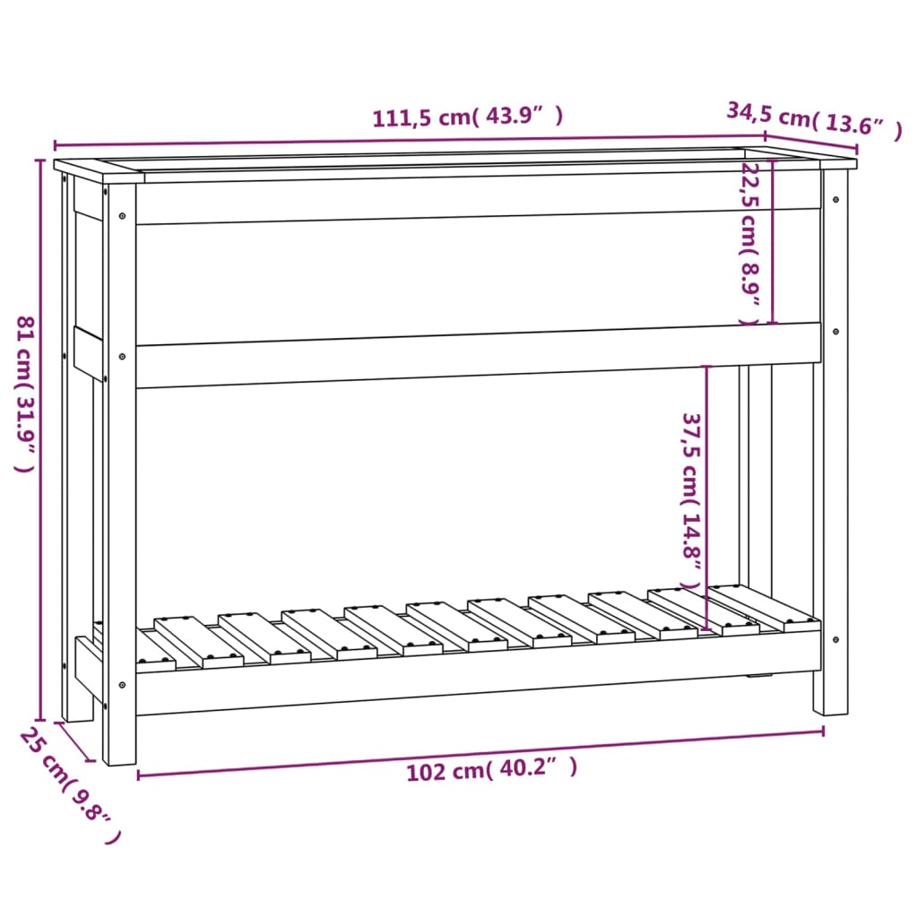 Plantekasse med hylle hvit 111,5x34,5x81 cm heltre furu