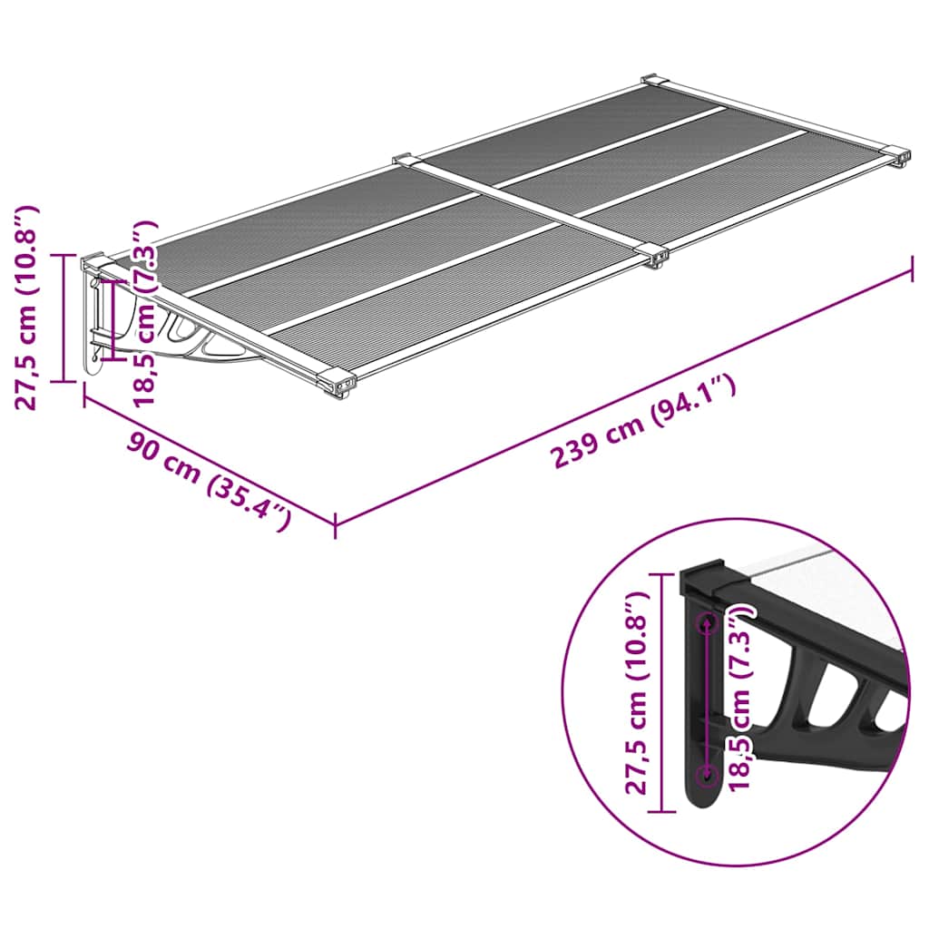 Skjermtak svart og gjennomsiktig 239x90 cm polykarbonat
