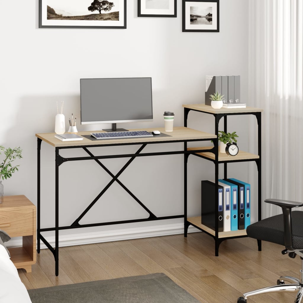 Skrivebord med hyller sonoma 135x50x90 cm konstruert tre jern