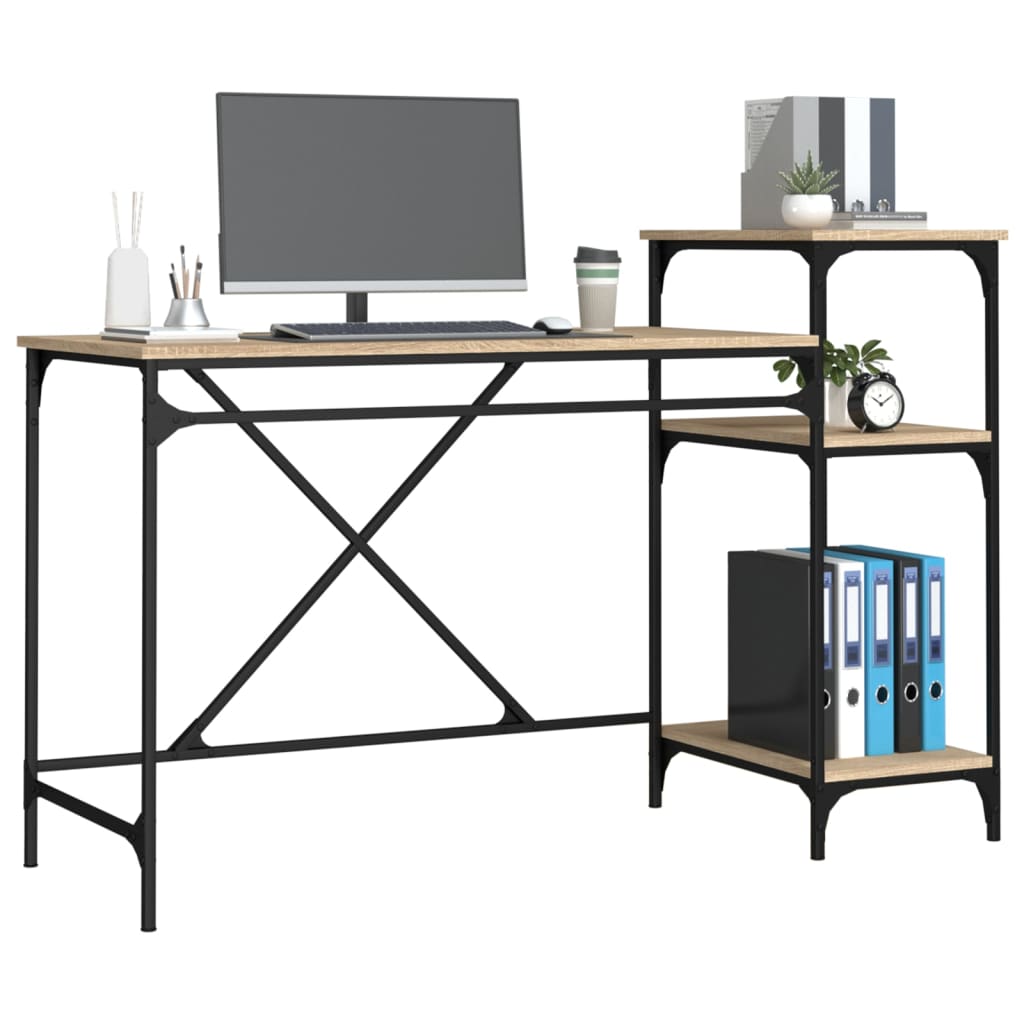 Skrivebord med hyller sonoma 135x50x90 cm konstruert tre jern