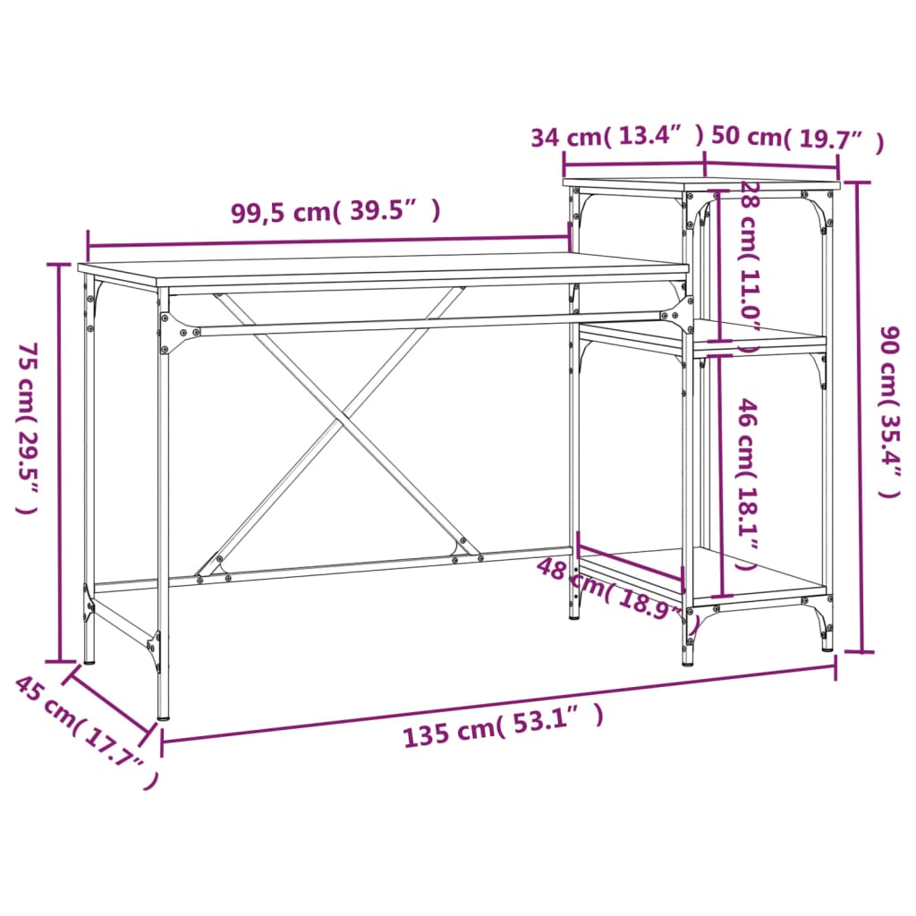 Skrivebord med hyller sonoma 135x50x90 cm konstruert tre jern