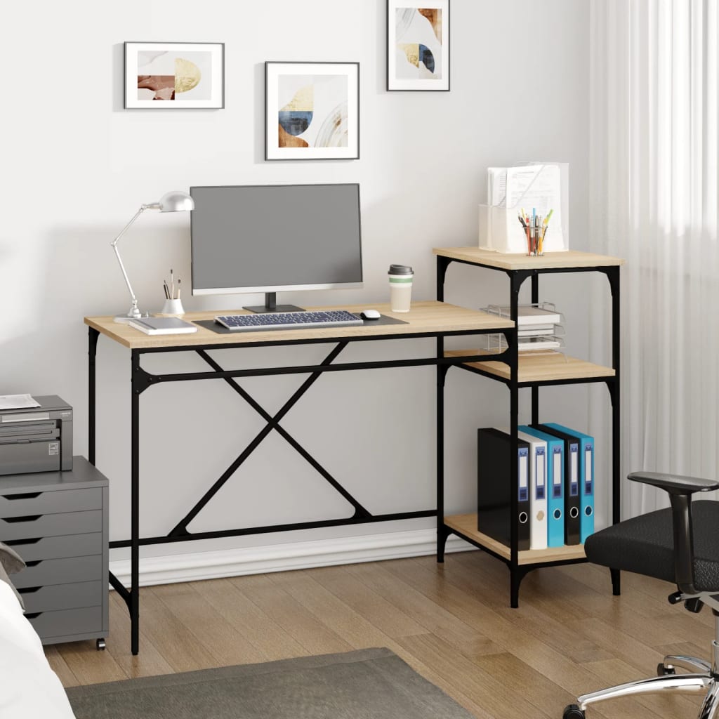 Skrivebord med hyller sonoma 135x50x90 cm konstruert tre jern