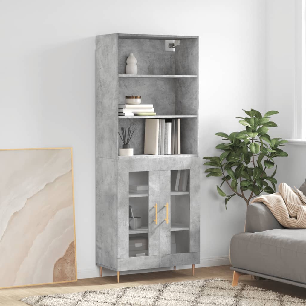 Highboard betonggrå 69,5x34x180 cm konstruert tre