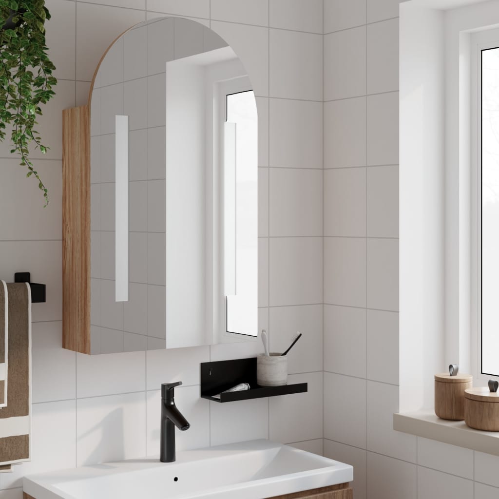 Baderomsspeilskap med LED-lys buet eik 42x13x70 cm