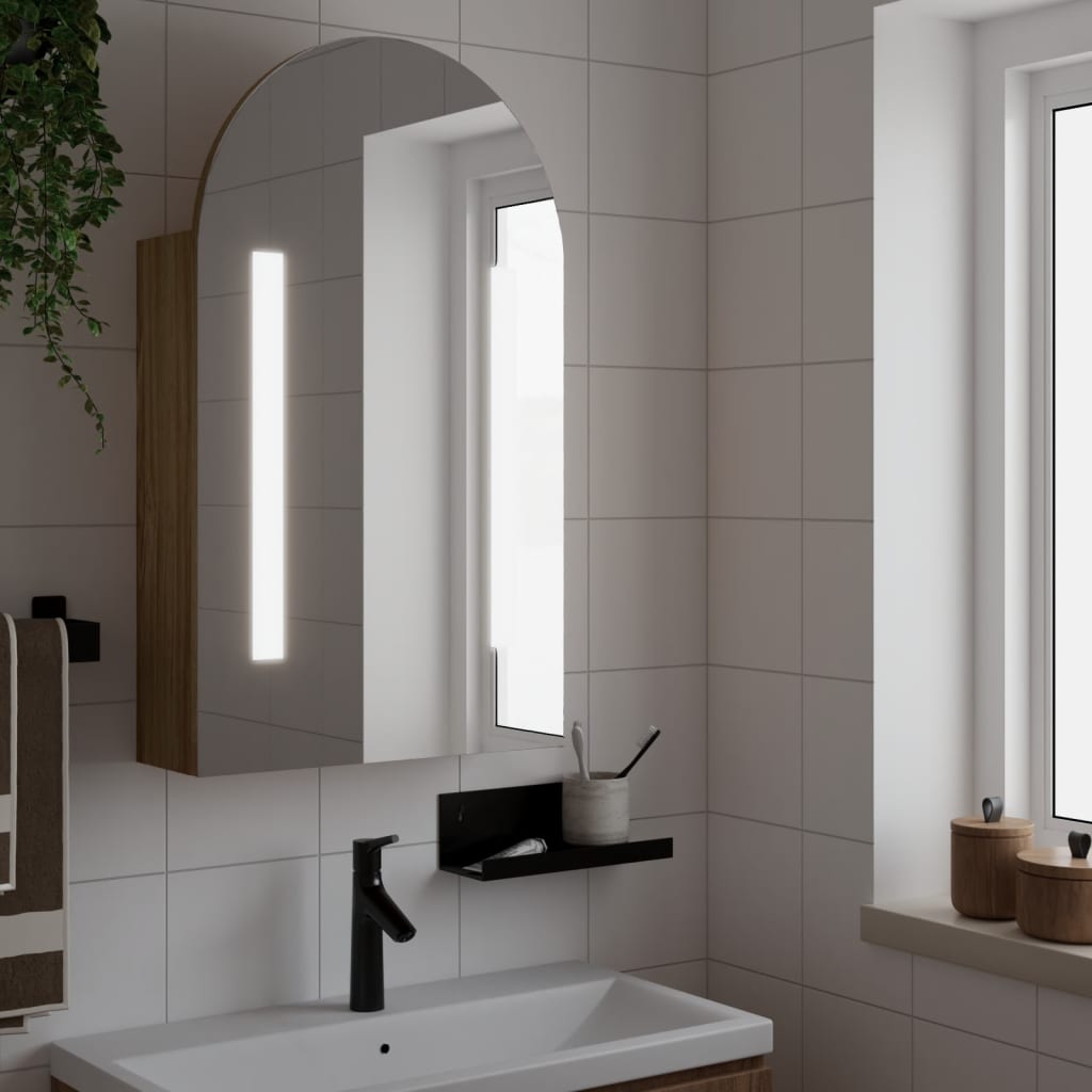 Baderomsspeilskap med LED-lys buet eik 42x13x70 cm