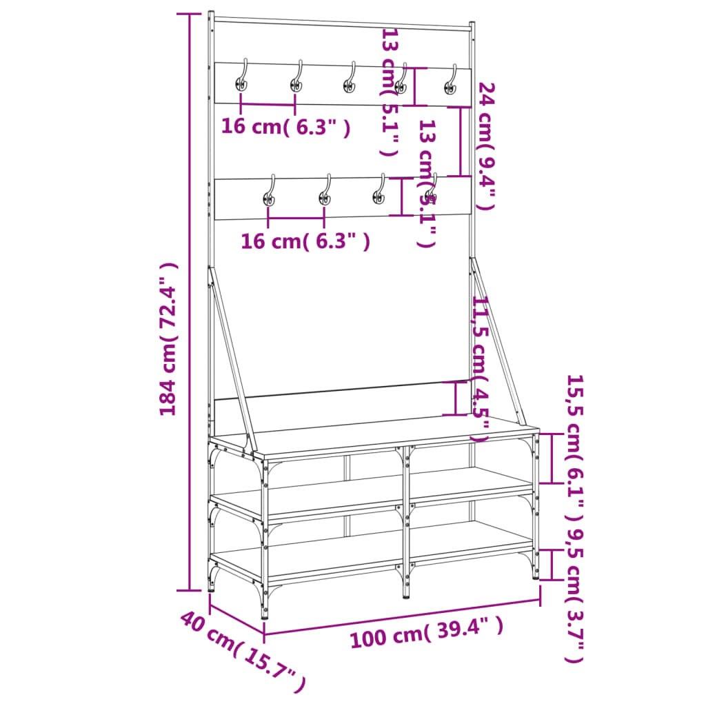 Klesstativ med skooppbevaring røkt eik 100x40x184 cm
