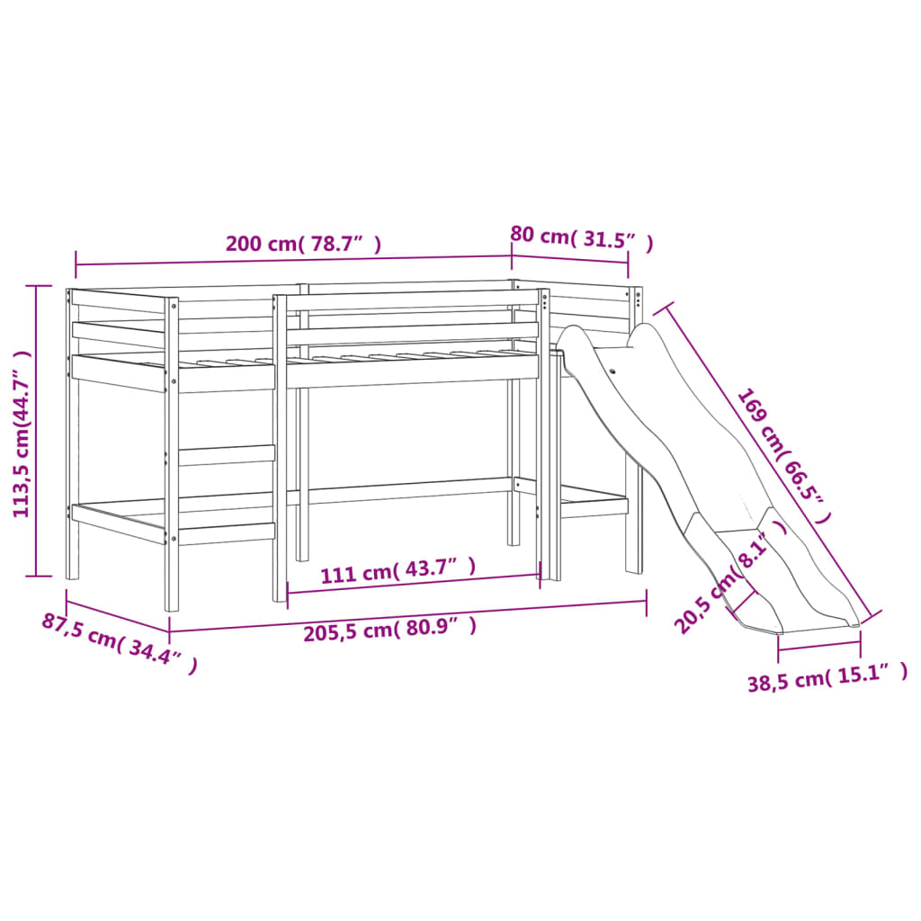Køyeseng for barn med sklie svart 80x200 cm heltre furu