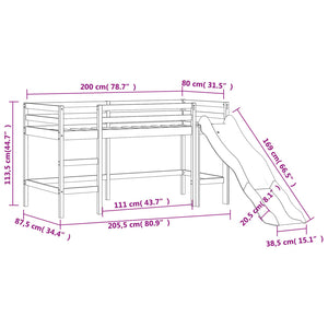Køyeseng for barn med sklie svart 80x200 cm heltre furu
