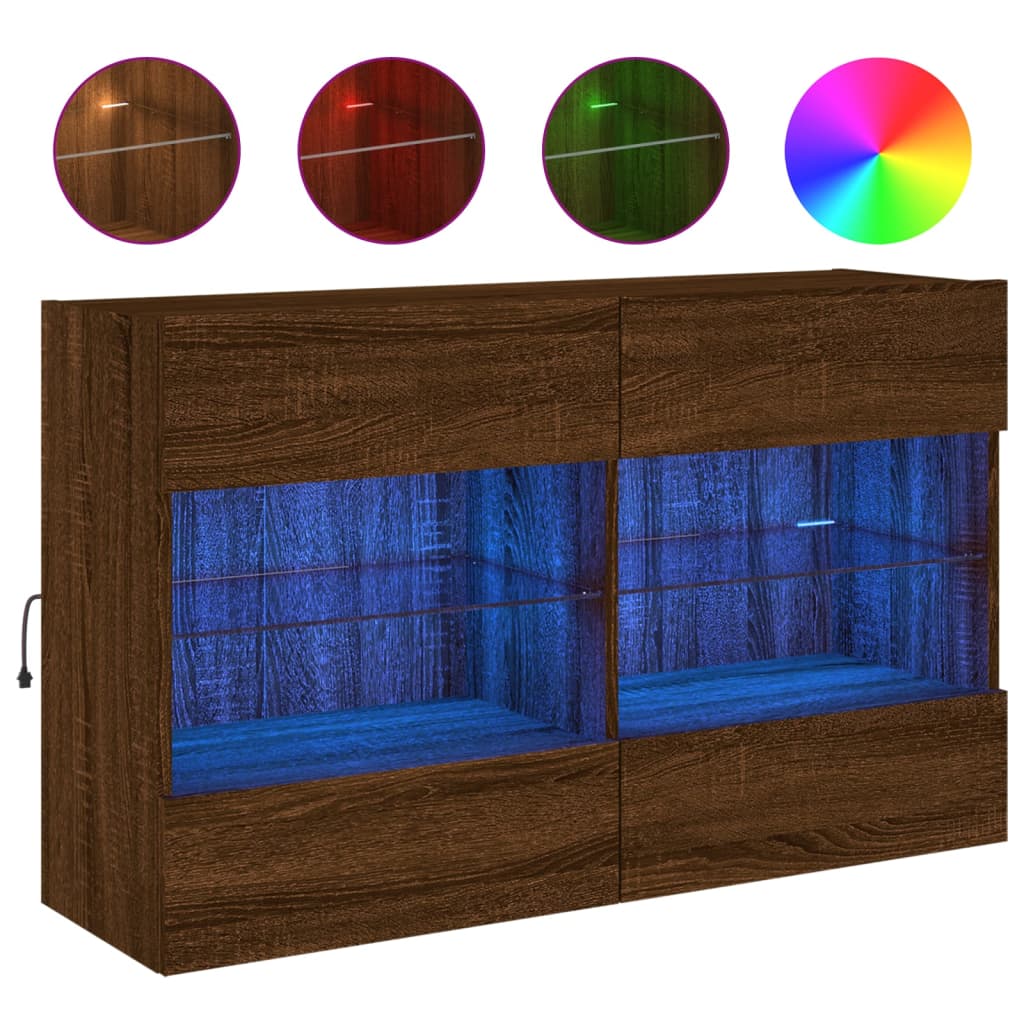Vegghengt TV-benk med LED-lys brun eik 98,5x30x60,5 cm