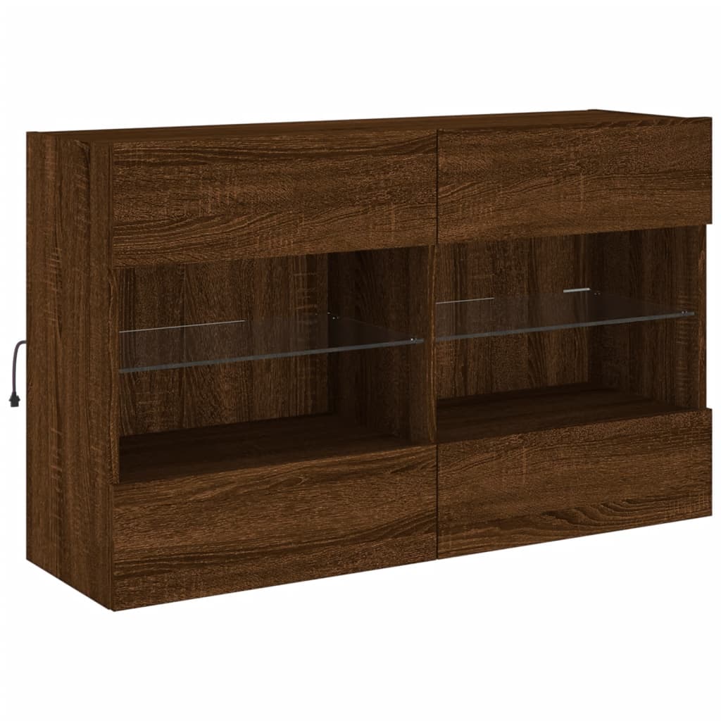 Vegghengt TV-benk med LED-lys brun eik 98,5x30x60,5 cm