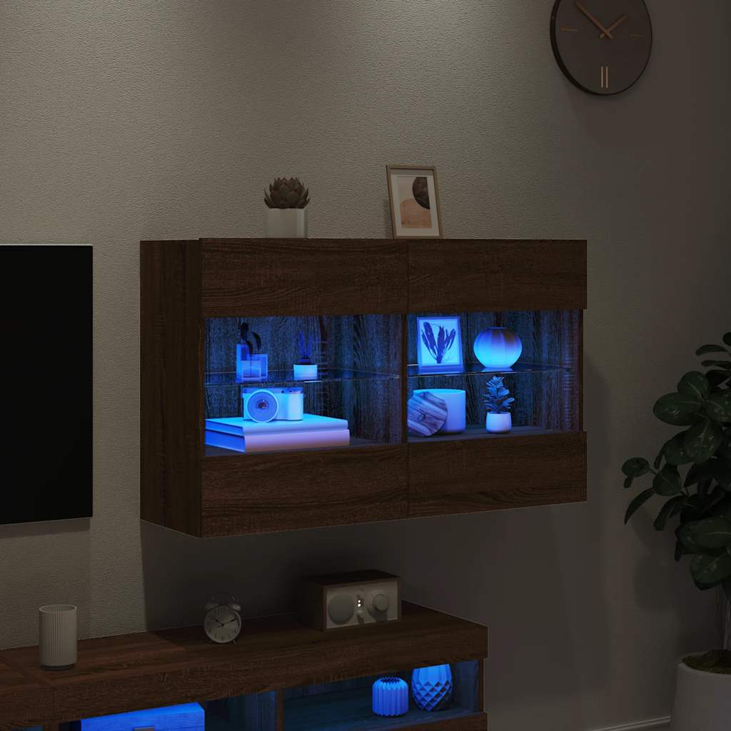 Vegghengt TV-benk med LED-lys brun eik 98,5x30x60,5 cm
