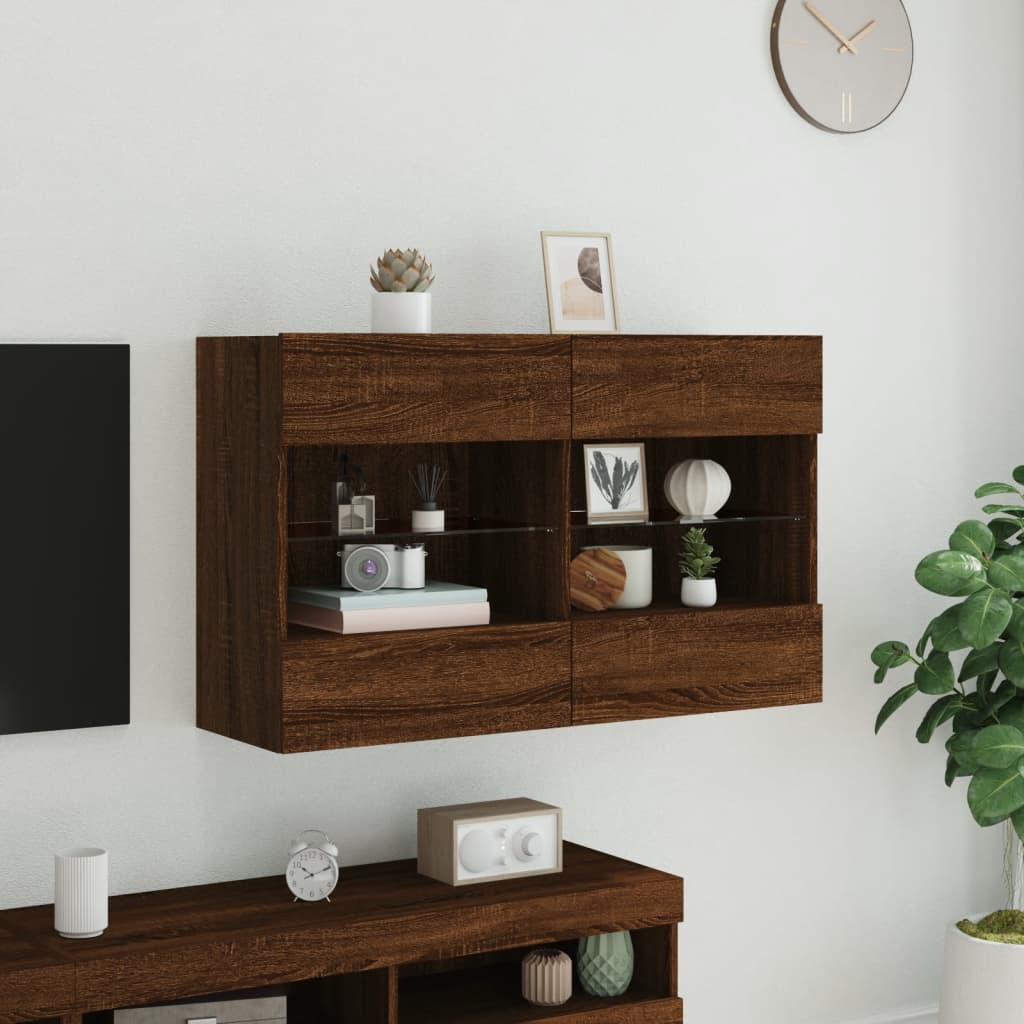 Vegghengt TV-benk med LED-lys brun eik 98,5x30x60,5 cm