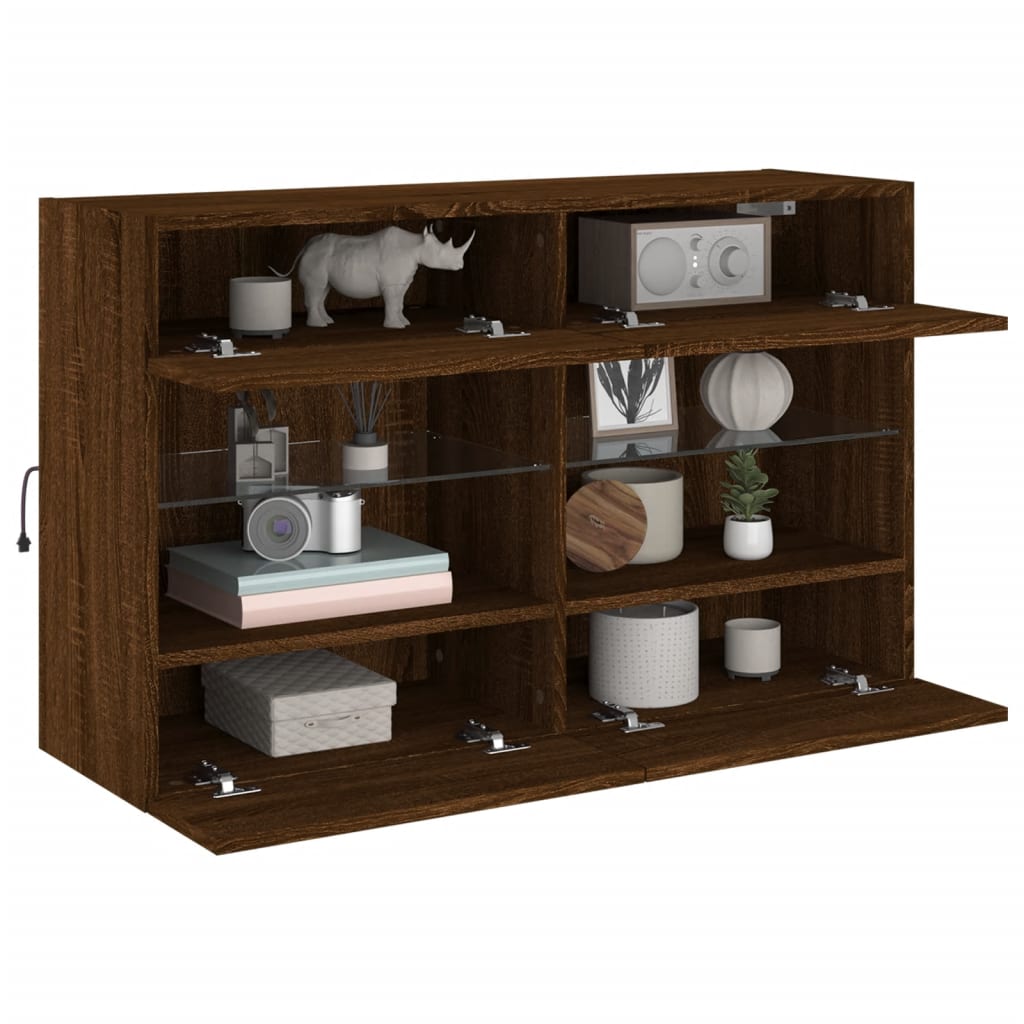 Vegghengt TV-benk med LED-lys brun eik 98,5x30x60,5 cm
