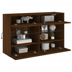 Vegghengt TV-benk med LED-lys brun eik 98,5x30x60,5 cm