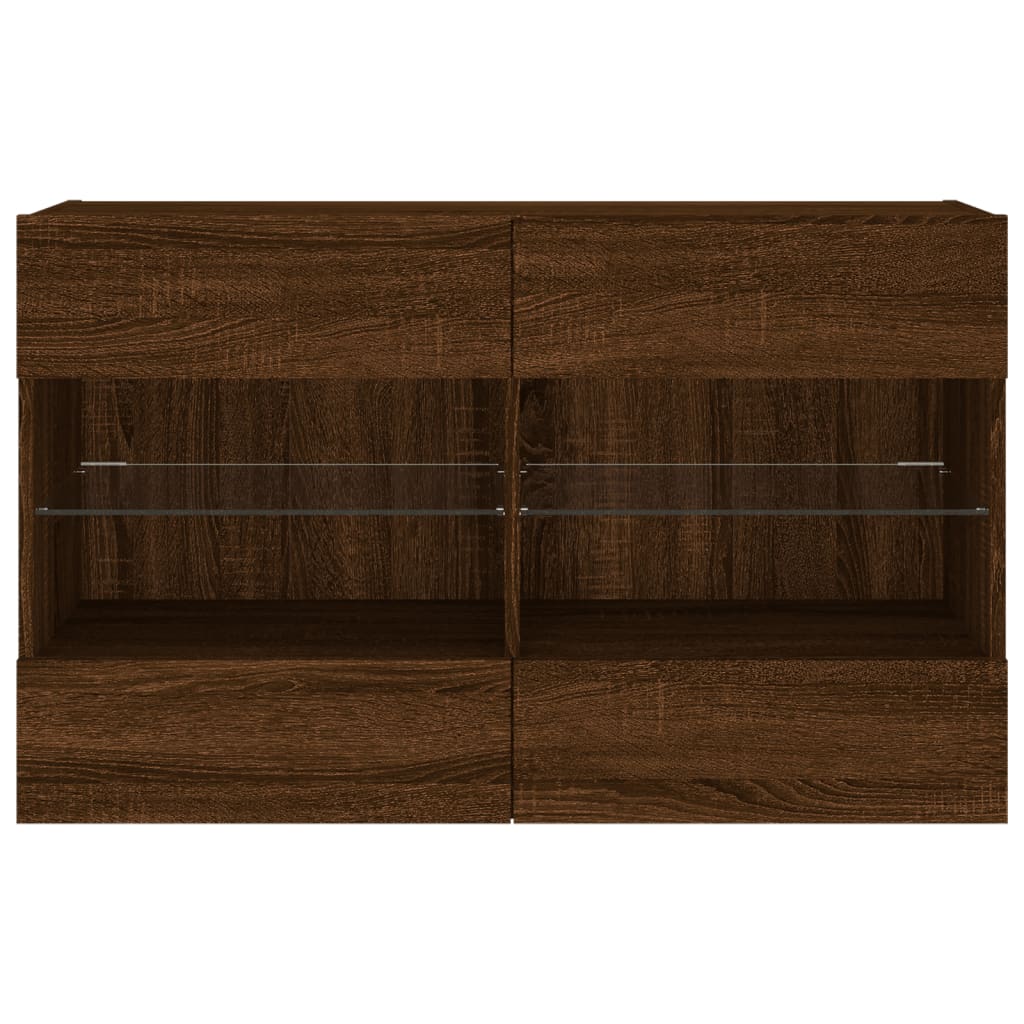 Vegghengt TV-benk med LED-lys brun eik 98,5x30x60,5 cm
