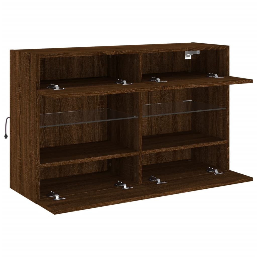 Vegghengt TV-benk med LED-lys brun eik 98,5x30x60,5 cm