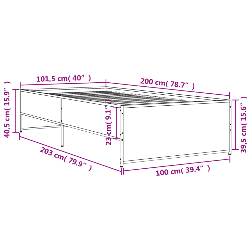 Sengeramme brun eik 100x200 cm konstruert tre og metall