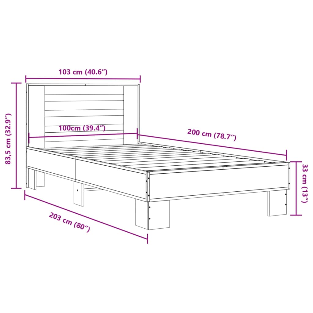 Sengeramme svart 100x200 cm konstruert tre og metall